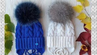 Детская зимняя шапка с косами на спицах (видео)